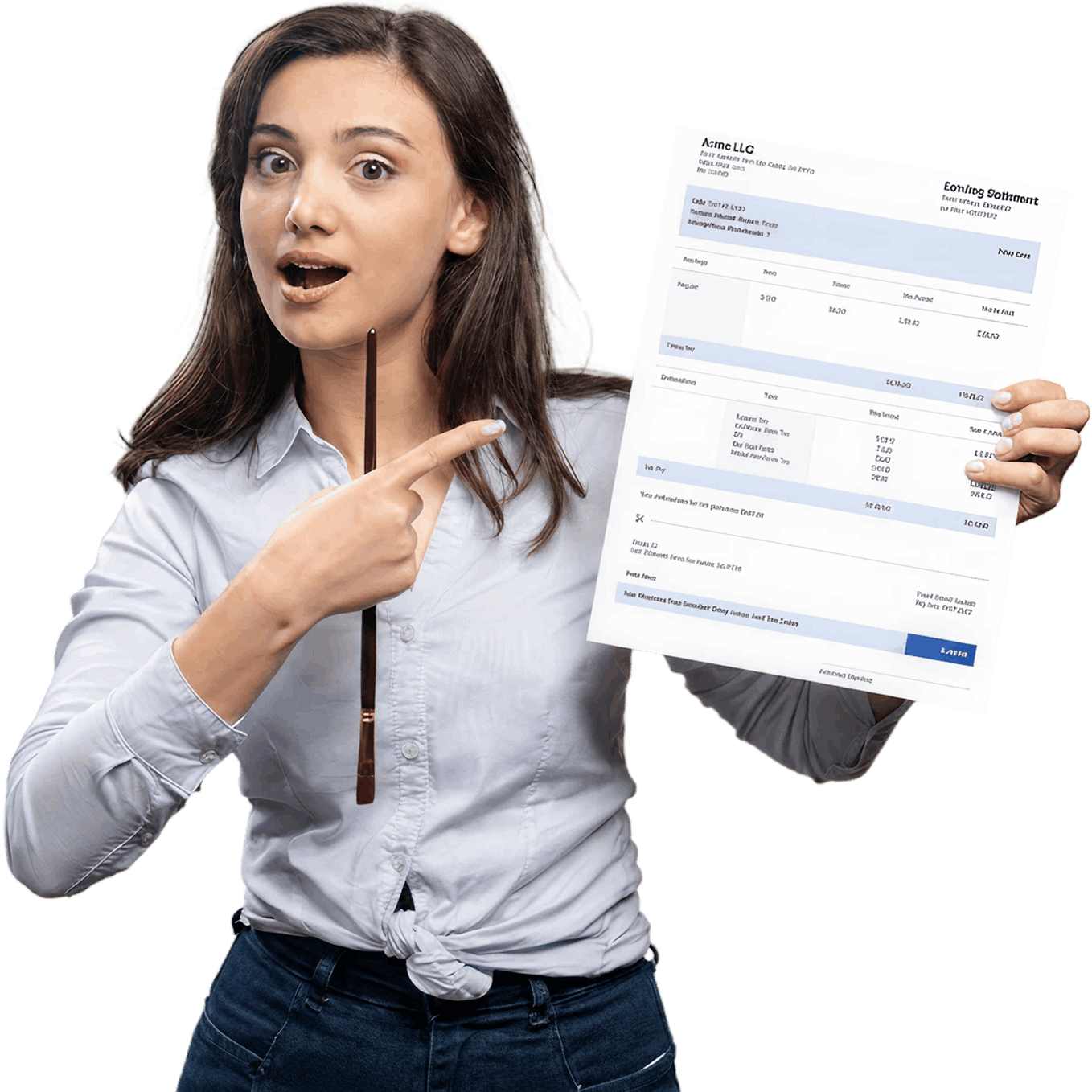 Woman pointing at document.